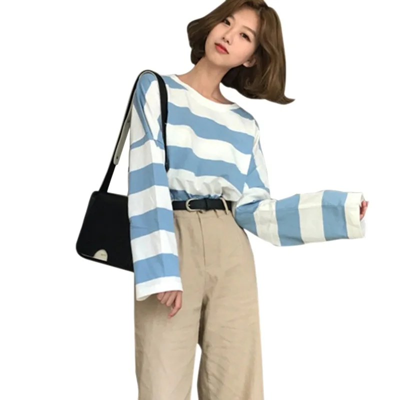 

Korean Women's T-shirts Round Neck Tee Tops Autumn New Striped Loose Casual T-Shirts All-Match Concise 2XL Tops