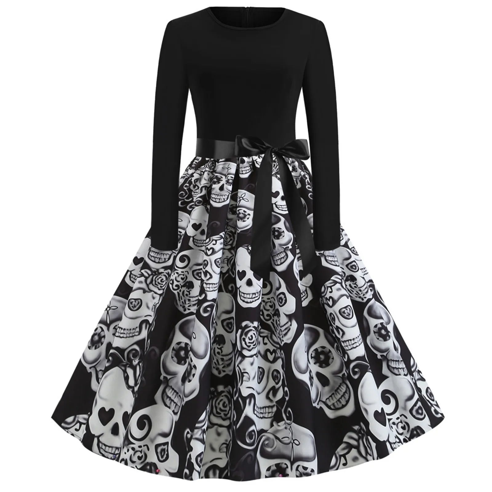 

2021 Chic Skull Print Midi Dress Women Autumn Punk Style Casual O-Neck Long Sleeve Black Dress With Bows Bandage robe femme