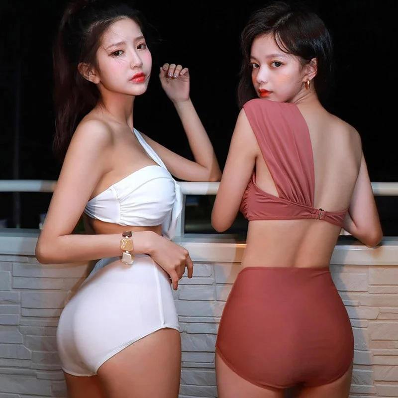

In The Wind High Waist Bikini Woman Solid One Shoulder Thong Bikini Cute Swimsuit Korean Style Bathing Suit 2 Piece Bodysuit