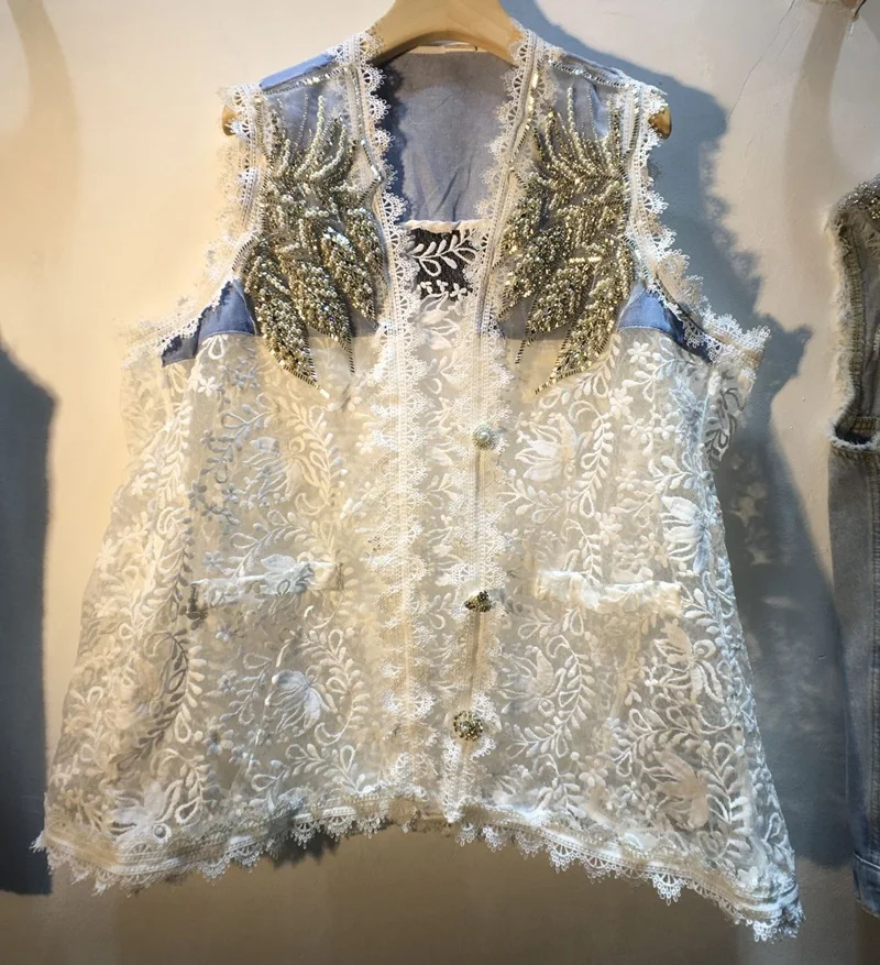 

European 2020 Summer New Loose Full Sequined Pearl V-neck Sleeveless Vest Jacket Streetwear Women Sweet Lace Cardigan Coat