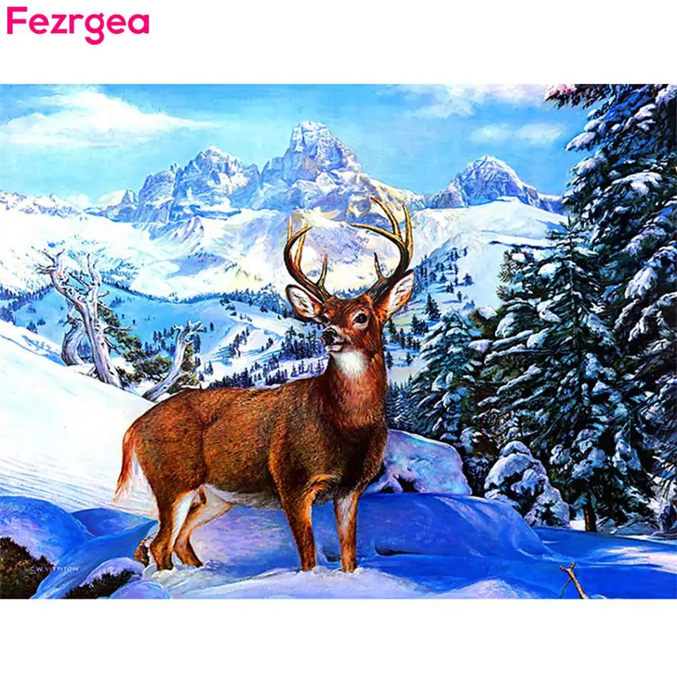 

Алмазная 5D картина Fezrgea, вышивка крестиком, снег и лось, «сделай сам», алмазная вышивка, домашний декор, рождественский подарок