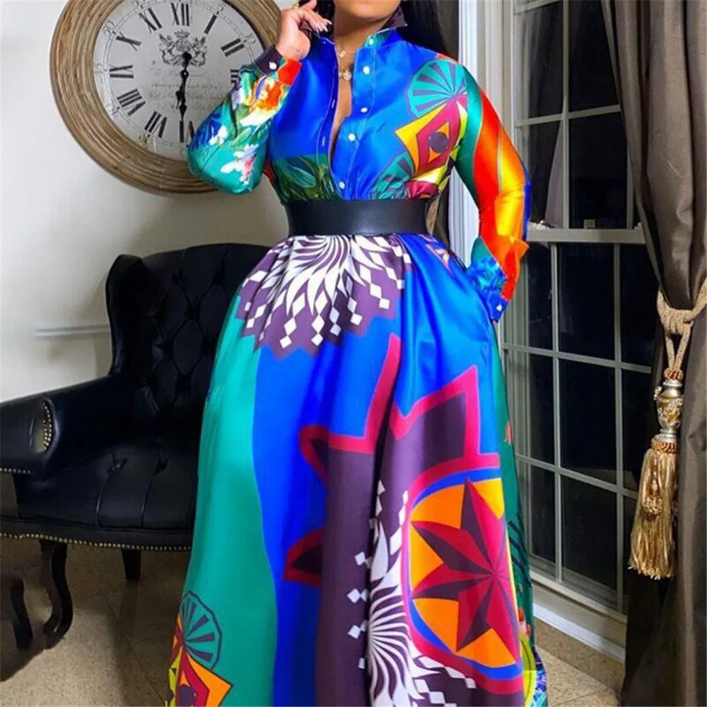 

Женское платье-рубашка с завышенной талией, Свободное длинное платье-рубашка в африканском стиле с принтом, весна-осень