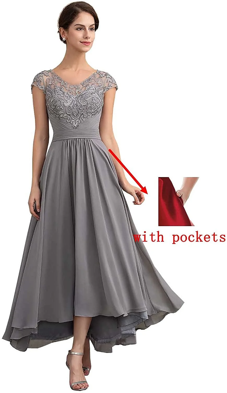 

Women's V-Neck High Low Mother Of The Bride Dresses With Pocket Lace Chiffon Formal Evening Gown Wedding Party Dress Bridesmaid