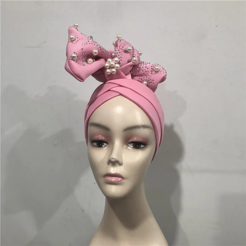 Нигерийская Кружевная повязка на голову Aso OKE Gele уже сделана Auto Gele Aso Ebi повязка на голову в африканском стиле тюрбан Кепка с красочными Beads-AC30 - Цвет: No29 1piece