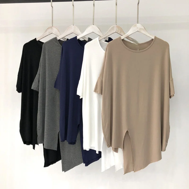 

Асимметричные однотонные женские футболки, Новинка лета 2021, Свободные повседневные женские рубашки, верхняя одежда, топы, футболки