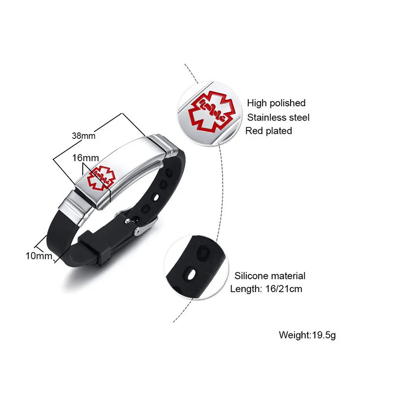 

2020 Styles Women Men Silicone Stainless Steel Medical Alert Bracelets Diabetes Epilepsy Alzheimer's Emergency Jewelry Gifts