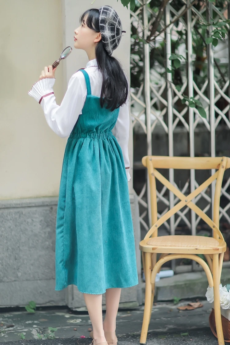 Новинка, Mori Girl, Осенний женский сарафан, бежевое, розовое, зеленое, синее, Цветочная вышивка, без рукавов, длинное платье, элегантное, винтажное, вельветовое платье