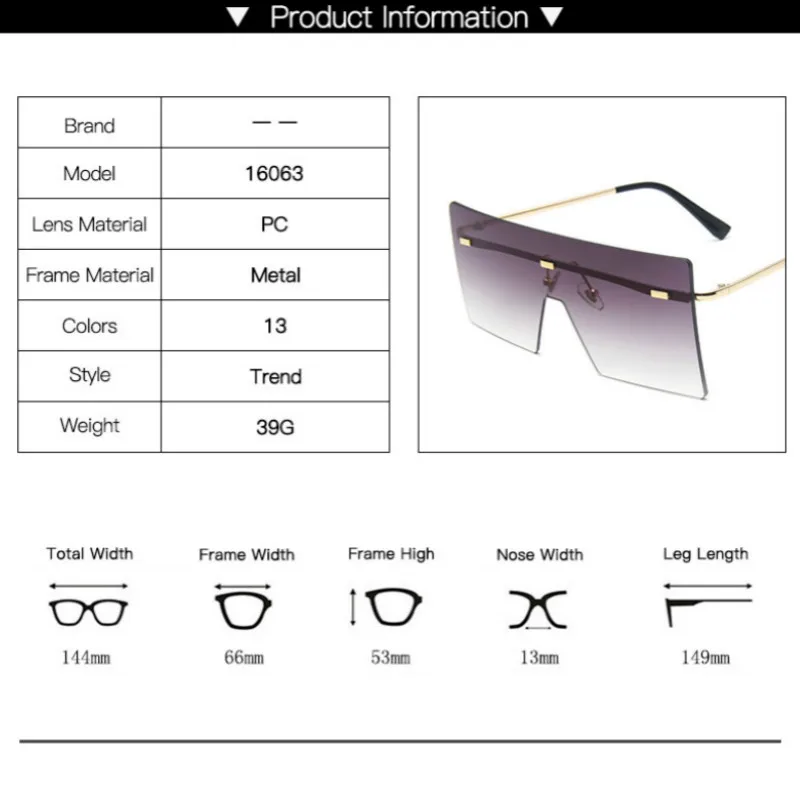 

2021Ladies Retro Sunglasses Oversized Square Frameless Sunglasses Flat Top Gradient Big Shadow Glasses Oculos De UV400