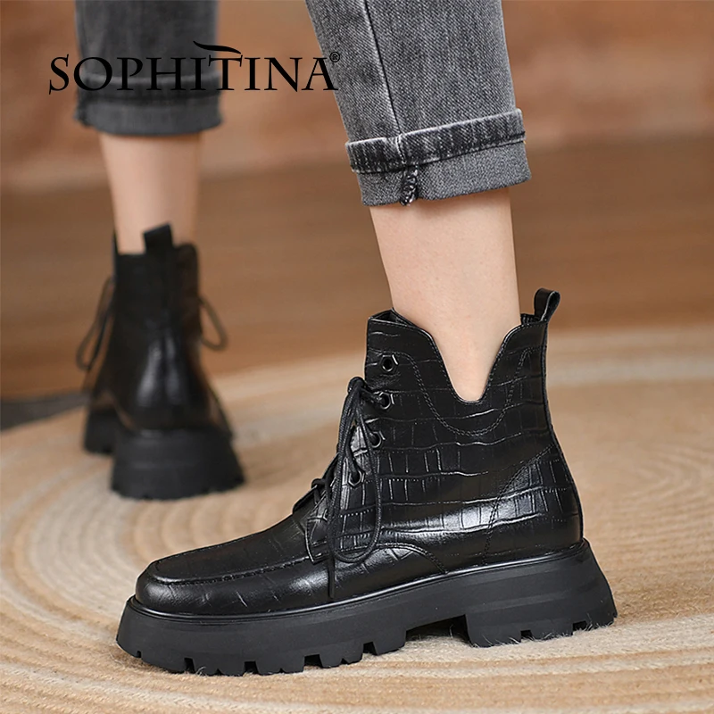 

SOPHITINA Women Ankle Boots Fashion Comfort Leather Non-Slip Stone Pattern Boots Lace-Up Flat Platform Casual Women Shoes YO130