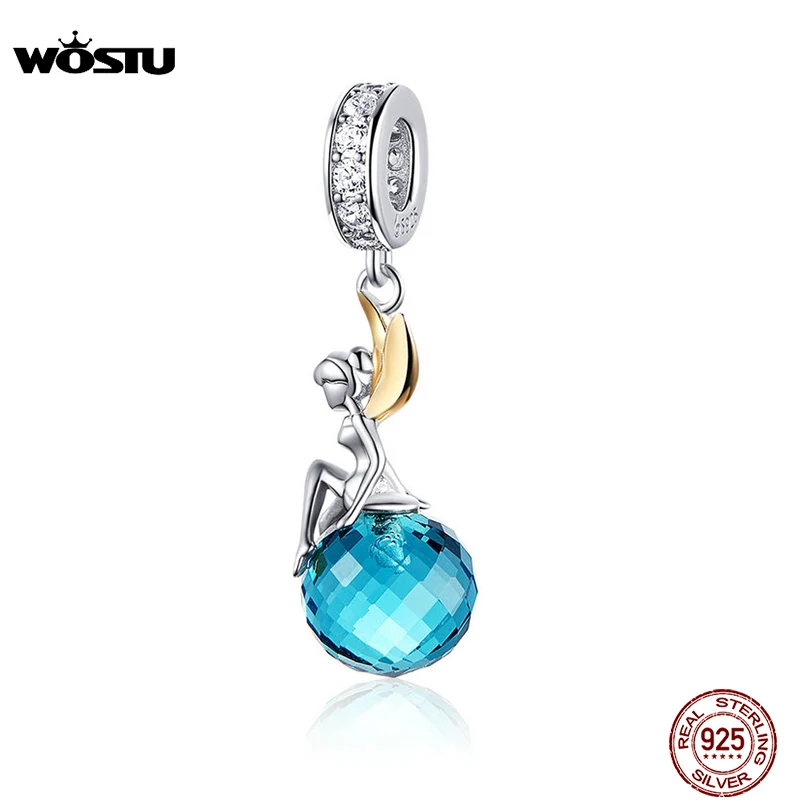 

WOSTU 100% 925 Sterling Silver Bead Elf Planet Blue Zircon Charms Fit Original Bracelet Pendant Charms For Jewelry Making CTC056