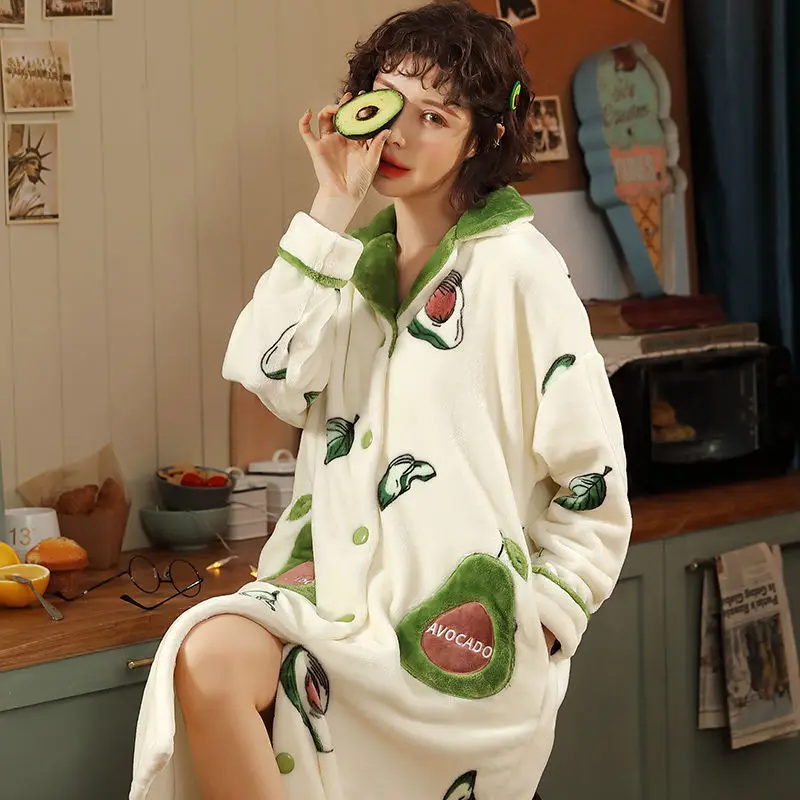 Facecloth Nightgown Women's Autumn and Winter Long Coral Velvet Pajamas Female Winter Thickened Students Cute Home Clothes