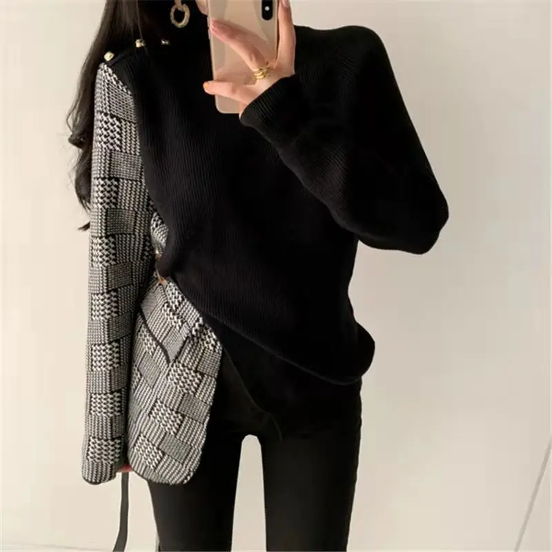 

Новинка 2021, женские свитера на осень и зиму, элегантные клетчатые Асимметричные Модные Винтажные топы со шнуровкой в стиле пэчворк