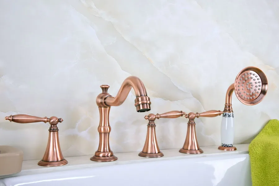 

Antique Red Copper Brass Widespread Three Handles Deck Mounted 5 Holes Bathroom Tub Faucet Mixer Tap With Handshower mtf220