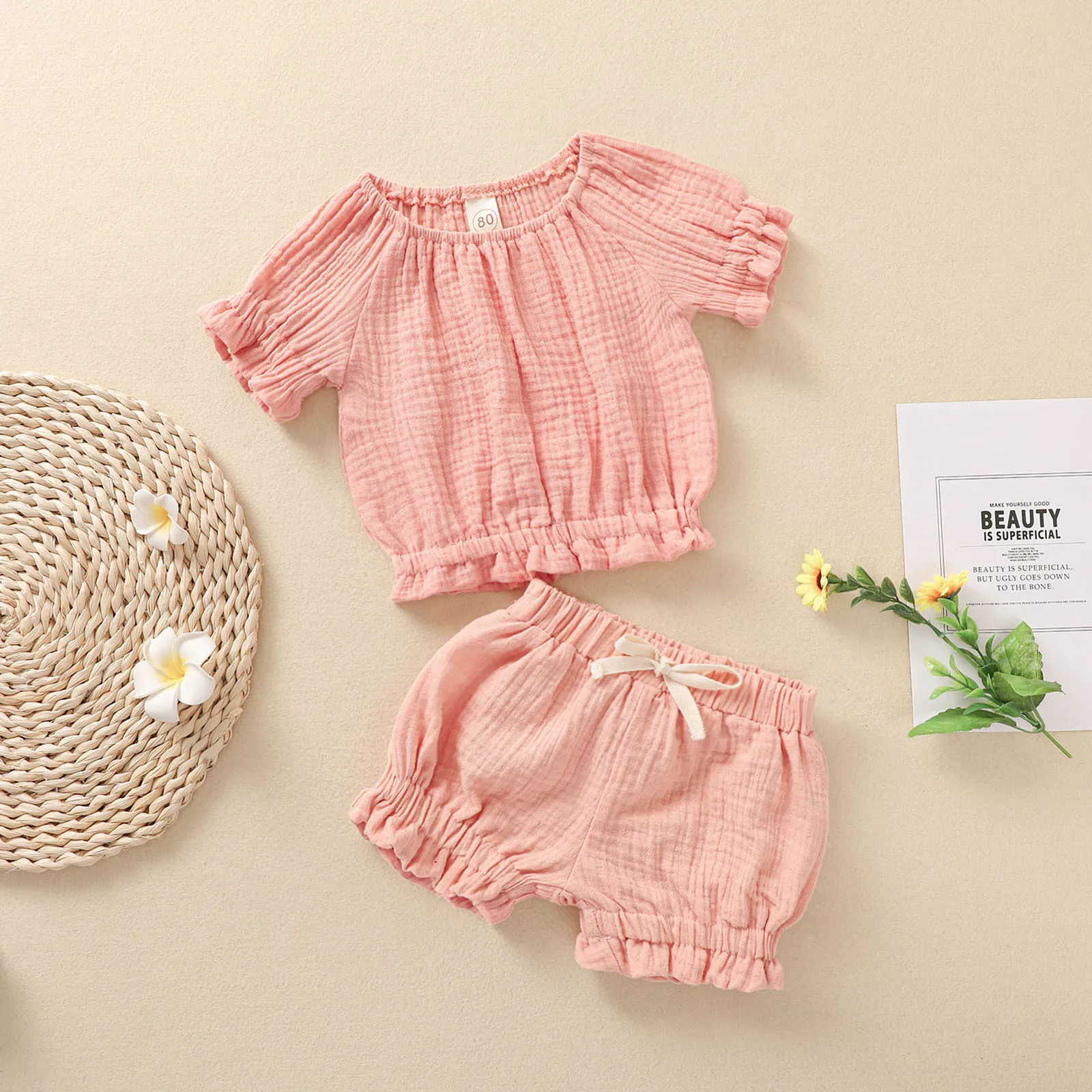 

2Pcs Summer Baby Girl Clothes Solid Color Cotton Linen Set Elastic Short Sleeve Crew Neck Crop Top and Lace Short Pants with Bow