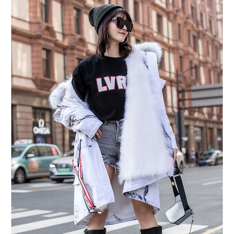 

ZURICHOUSE Winter Down Parka Women Long Luxury Real Fur Collar Hooded Removable Down Liner Patch Print Women's Down Jacket P3502