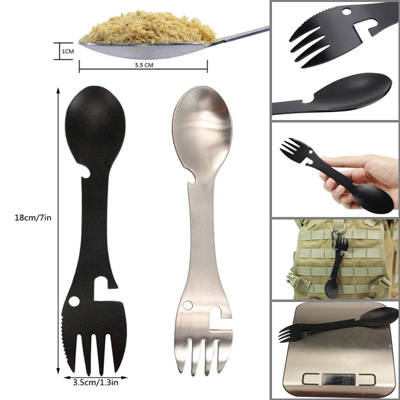 

Stainless Steel Spoon Fork Tableware Multi Tool Can Opener Portable Utensil Flatware Cutlery Bottle Camp Picnic Spork Can Opener