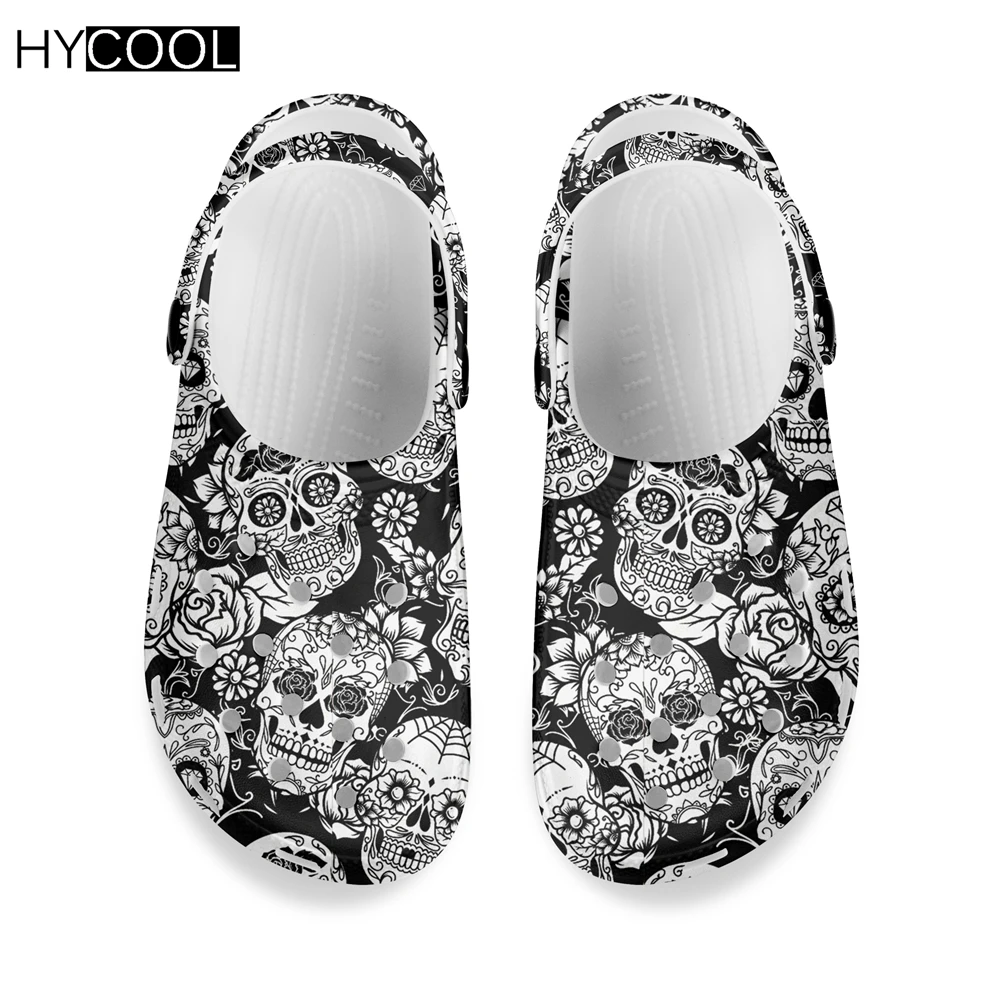 

HYCOOL Hot Style Summer Beach Fashion Garden Clogs Sugar Skull With Rose Flower Print Non-slip Platform Slippers Garden Shoes