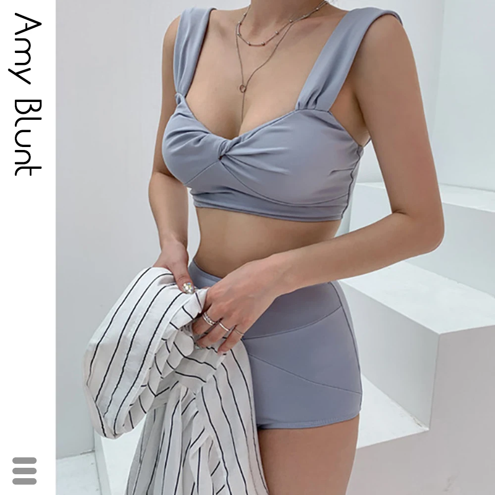 

Korean Style Mid Waist Bikini Set Women Biquini Suit Two Pieces Swimwear Solid Swimsuit High Quality Beach Suit 2020 New HTL9904