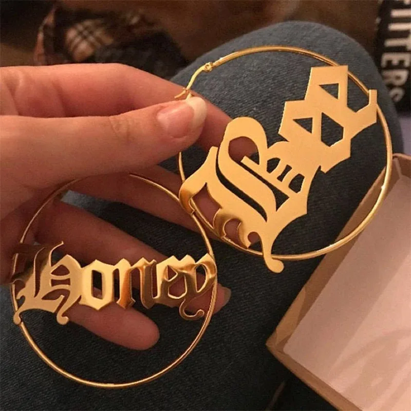 Stainless Steel Big Hoop Name Earrings For Women Personalize Jewelry 70MM Rose Gold Color Custom Old English Name Earring Brinco