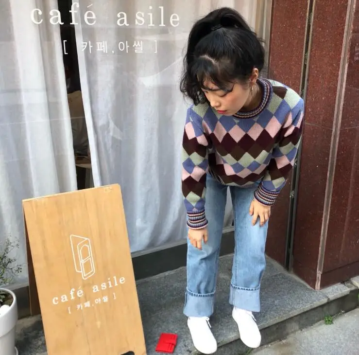 

autumn winter korean plaid knitted warm thicking pullovers sweaters women