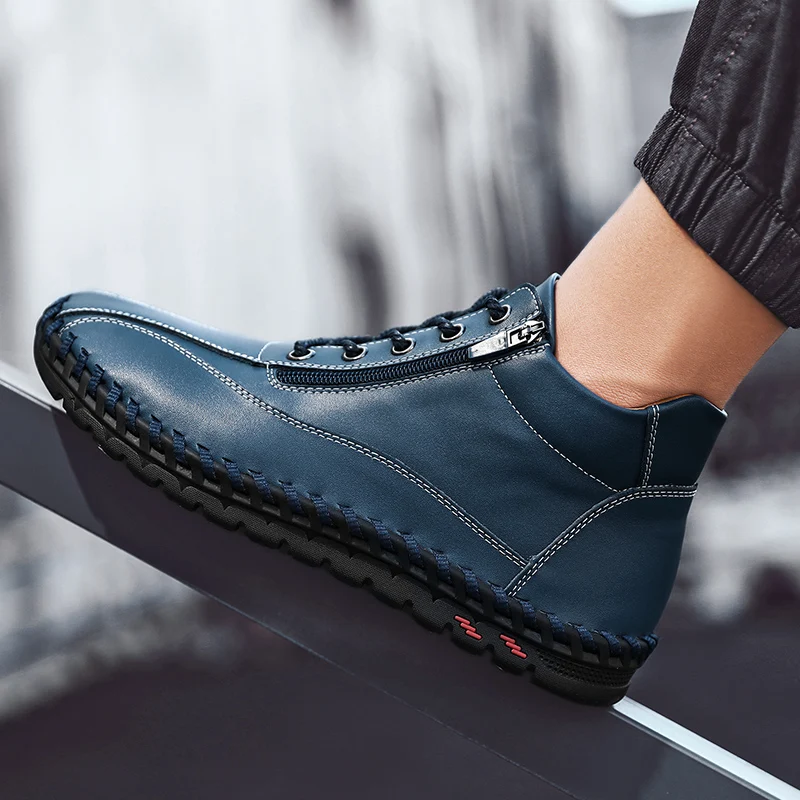 

High Quality Split Leather Winter Men's Boots Warm Plush Men's Snow Boots Outdoor Comfortable Men's Motorcycle Boots Size 38-48