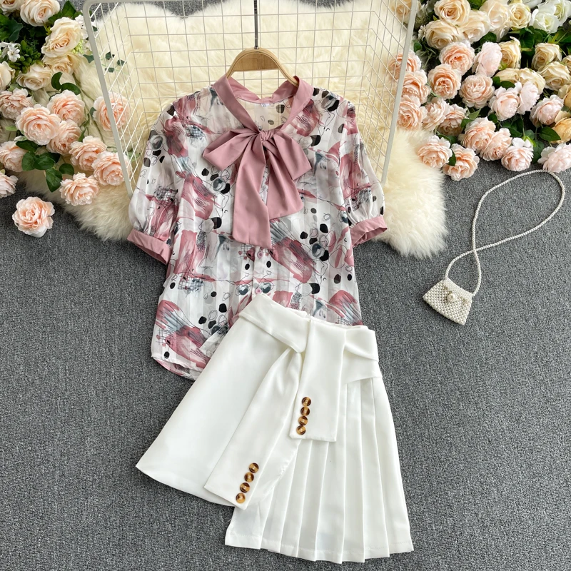 

2021 Summer Preppy Suit Contrast Color Bow Short Sleeve Vintage Shirt Top High Waist Pleated Short Skirt Lady Two-Piece Set