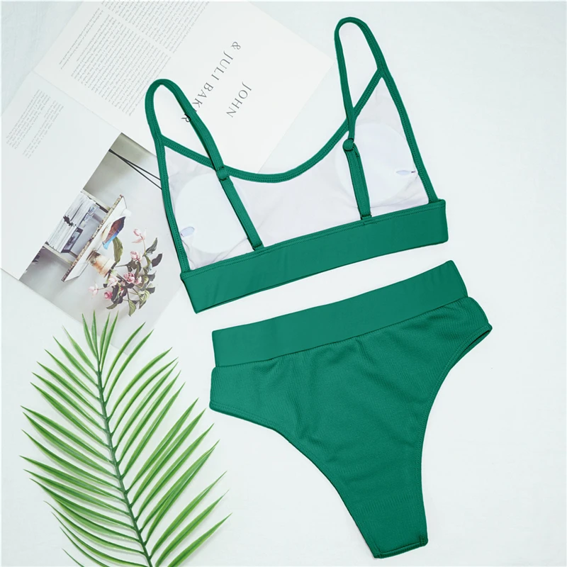 

High Waist Bikinis 2021 Swimwear Women Push Up Swimsuits Solid Brazilian Bikini Ribbed Biquini Strap Swim Bathing Suits