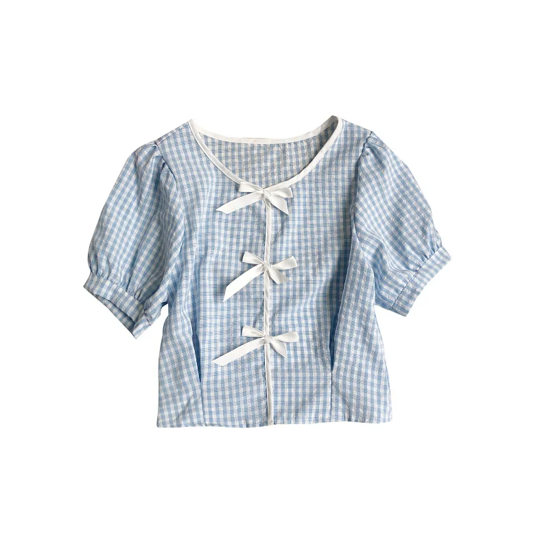 

LY VAREY LIN New Summer Female Sweet Plaid Bows High Waist Vintage Shirts Women Casual Fashion Puff Sleeve Slim Pink Short Tops