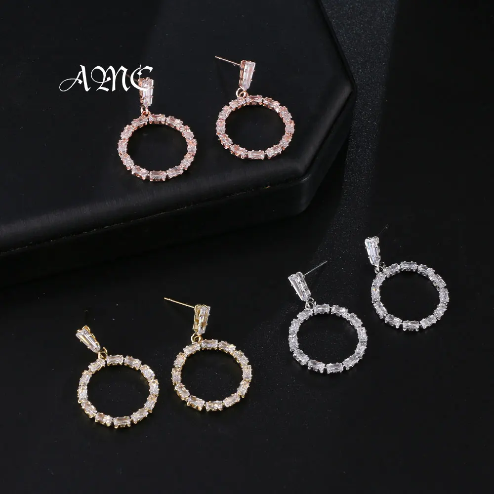 

AMC Luxury Long Crystal Round Zircon Stud Earrings Vintage Circle Dressing Wearing Geometrical Jewelry Gifts For Women 2021