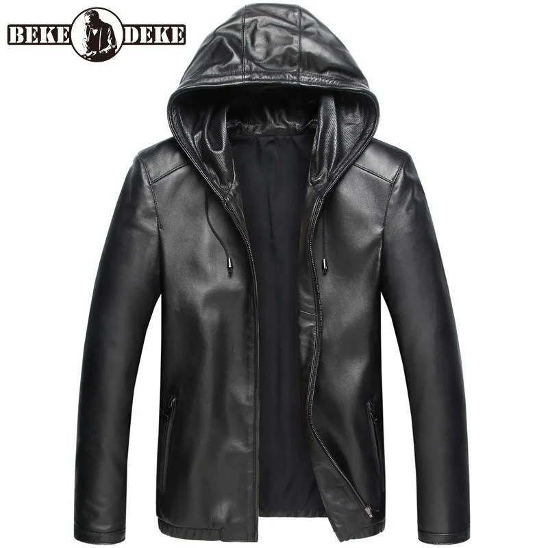 

Plus Size 8XL Mens Hoody Sheepskin Coat Winter Padded Genuine Leather Jacket Motorcycle Biker Man Windbreaker Outerwear