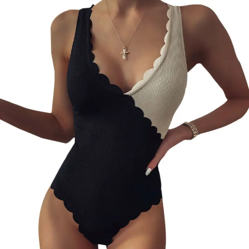 

Women Scalloped One Piece Bikini Patchwork Padded Swimsuit Swimwear Bathing Suit