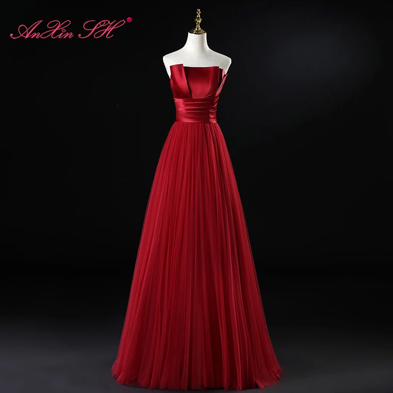 

AnXin SH princess red satin and lace evening Dress gradual party strapless bride performance a line red long evening dress