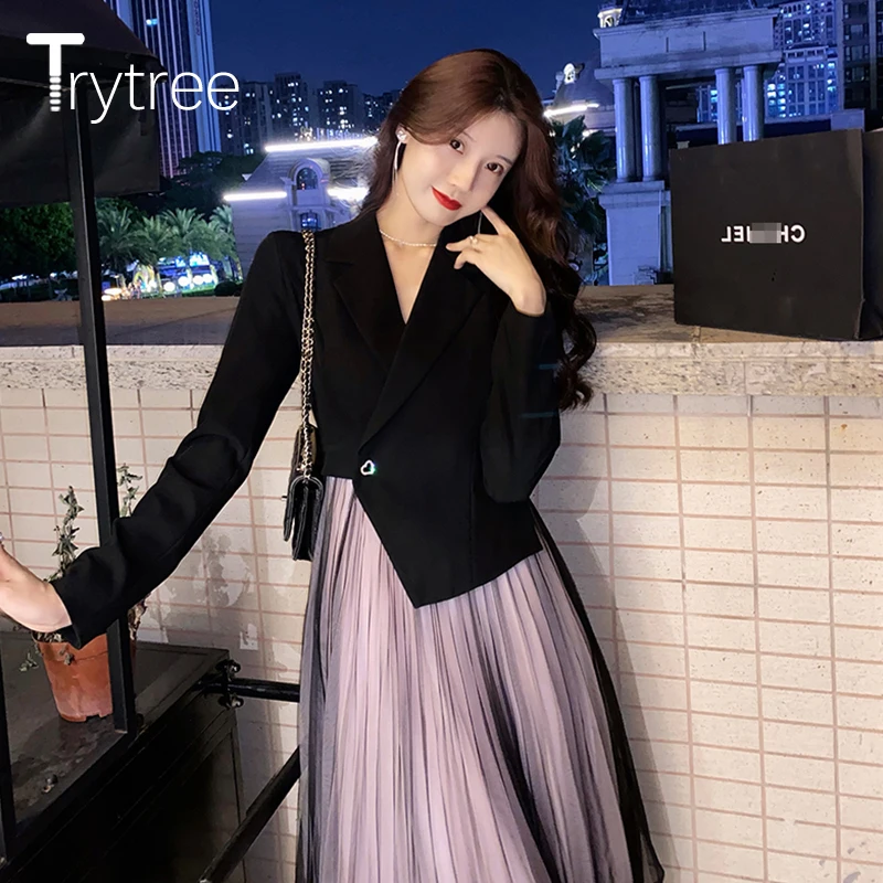 Весенне-осеннее женское платье Trytree повседневный костюм куртка лоскутный