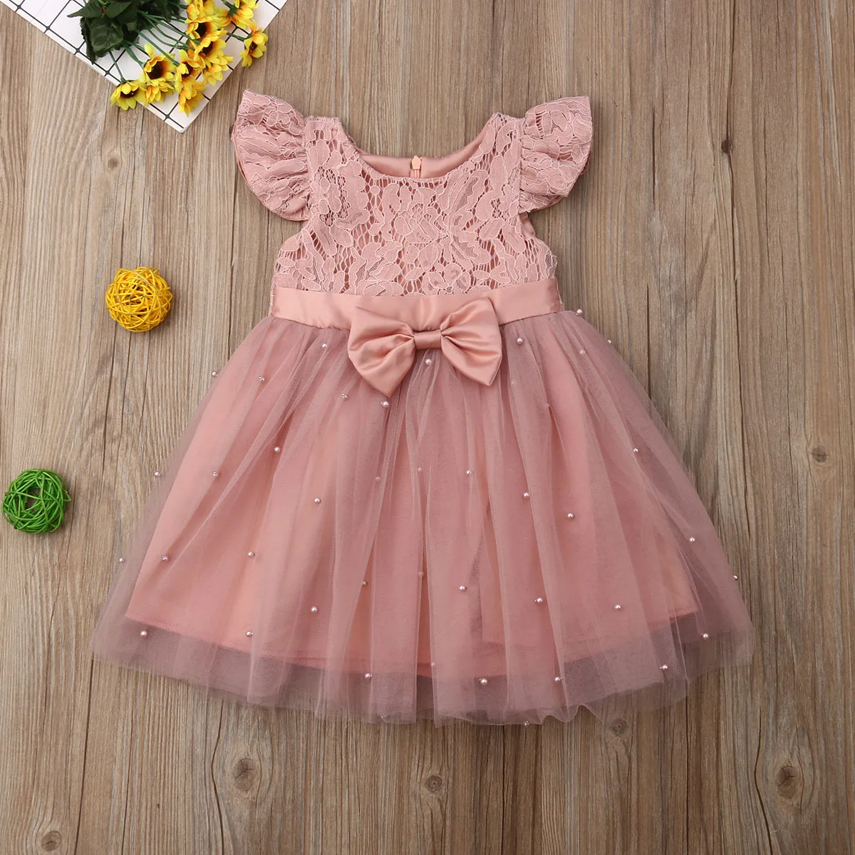 

Toddler Baby Girls Princess Flower Dress Lace Pearls Decoration Short Sleeve Party Pageant Dresses 2-7Years