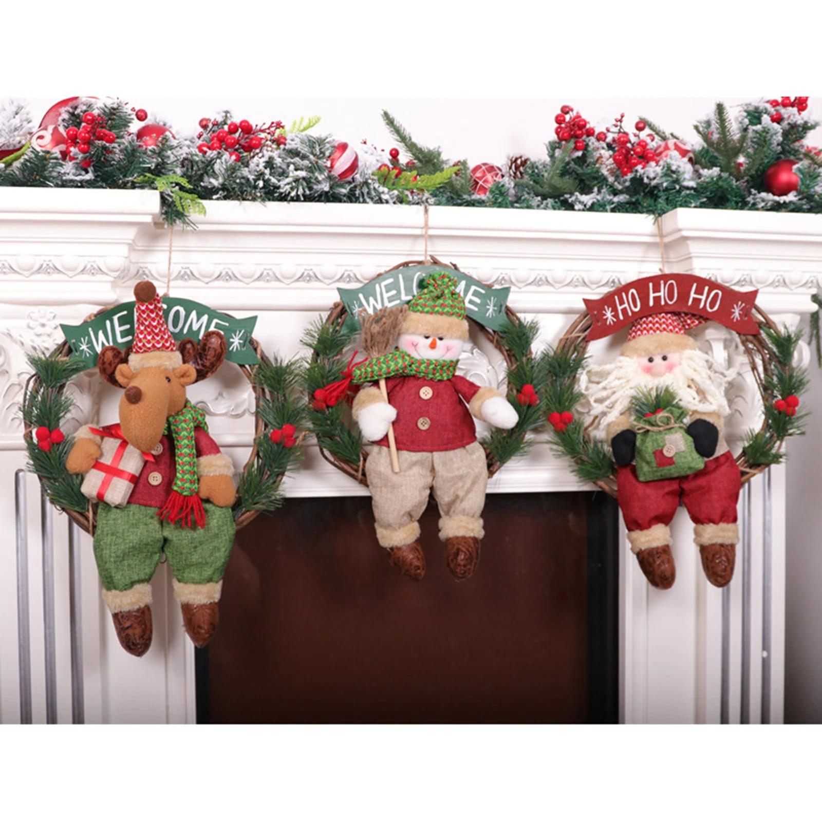 

Christmas Rattan Front Door Wreath Decor with Cute Plush Dolls Holiday Household Front Door Ornaments for Home Decoration