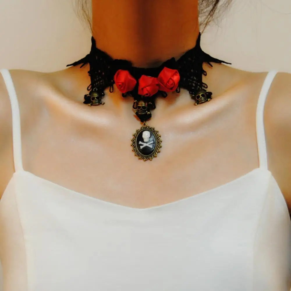 2018 Collares Хэллоуин кружевное ожерелье чокер Череп Кристалл винтажные Чокеры