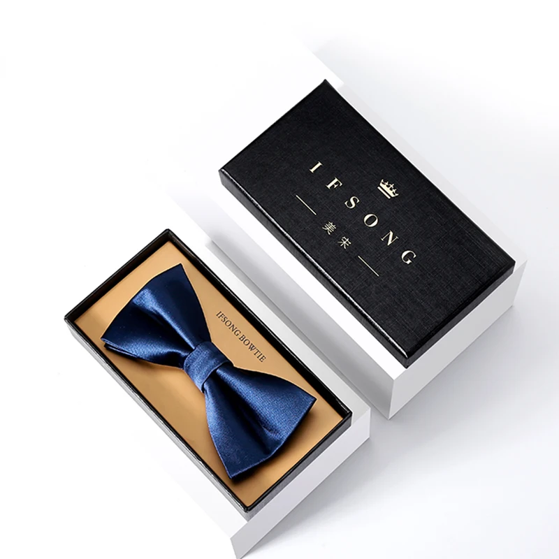 Designer Brand Fashion Two Layer Bowtie For Men High Quality Groom Wedding Party Butterfly Bow Tie Set Pocket Gift Box Navy Blue