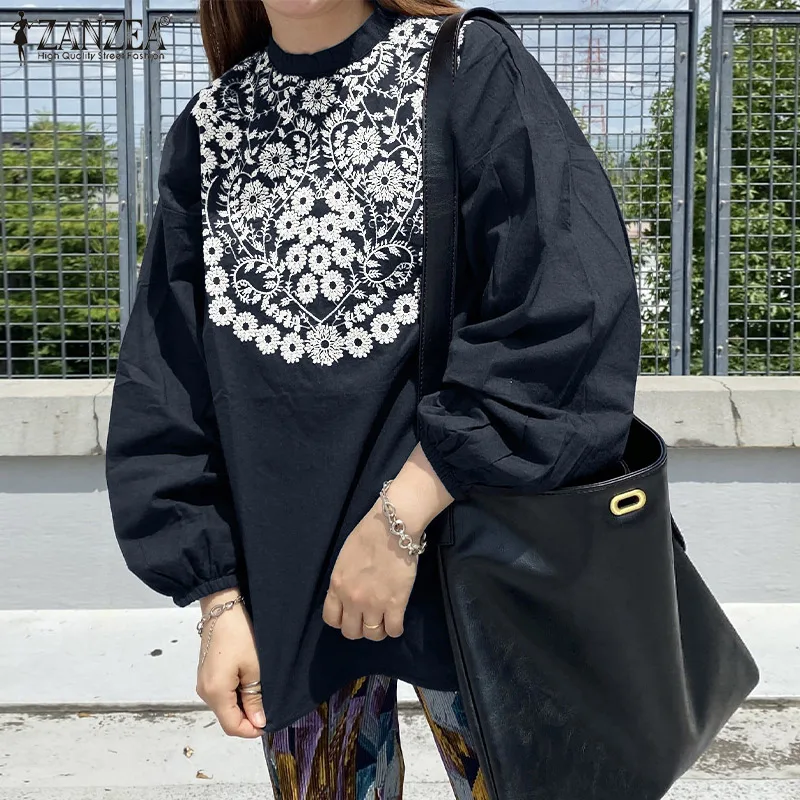 

ZANZEA Vintage Bohemian Shirt Women Casual Floral Embroidery Blouse Spring Full Lantern Sleeve Chemise Female Oversize Party Top