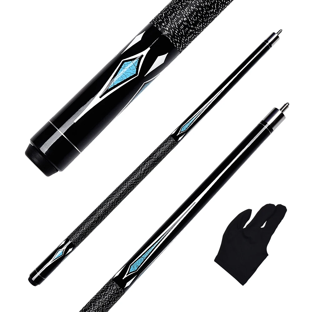 

Billiard Pool Cues Stick 58 Inch 13mm Tip Maple Shaft with Radial Joint Linen Wrap Decal Butt Black+Blue Color & Free Glove