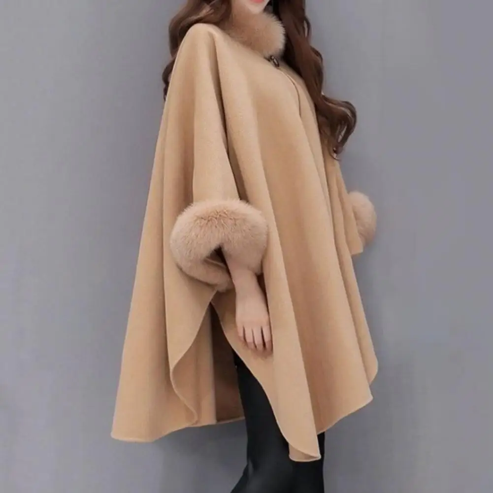 

Женская накидка, однотонный пуловер с воротником из искусственного меха, осенне-зимнее теплое свободное облегающее пончо средней длины, па...