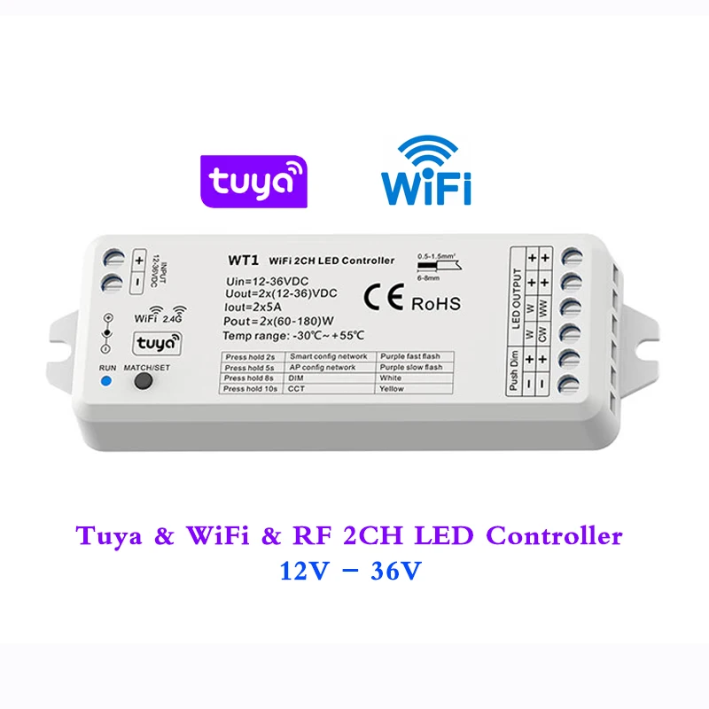 

Умный беспроводной контроллер 2CH, Wi-Fi, 2,4G, 5 А/канал, для 12 В, 24 В, 36 В постоянного тока