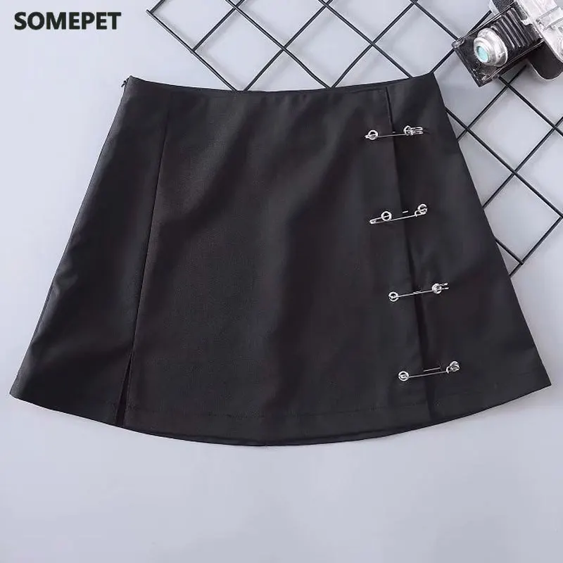 

Streetwear Mini Skirt Women Side split brooch High Waist Side Zipper Short Skirt Sexy Female A-Line Slim Hip Camo Skirts