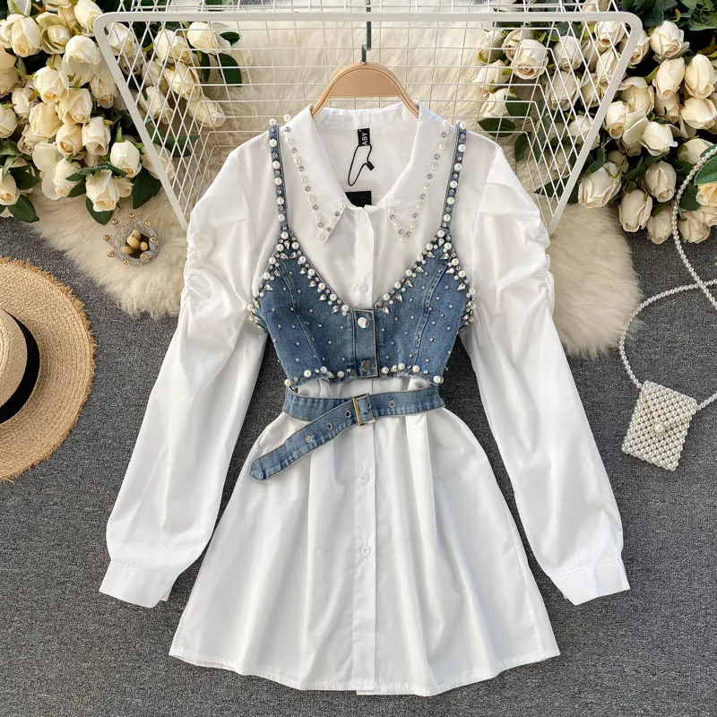 

Spring 2021 New Temperament Blouse Female Lapel Beaded Stacking Bead Blusa Sling Waistcoat C Fashion Two-piece Shirt