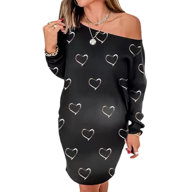 

2021 New Autumn Winter Women Fashion Casual Style Loose Dress Sexy Women Off The Shoulder Heart Pattern Long Sleeve Dress