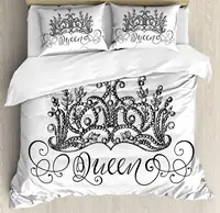Queen Duvet Cover Set, Hand Drawn Crown with Queen Lettering Baroque Style Elements Calligraphy, Decorative 3 Piece Bedding Set