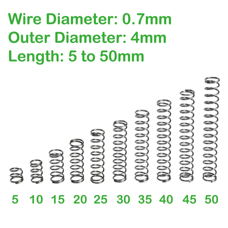 

Wire Diameter 0.7mm OD 4mm Length 5mm to 50mm Small Compression Springs