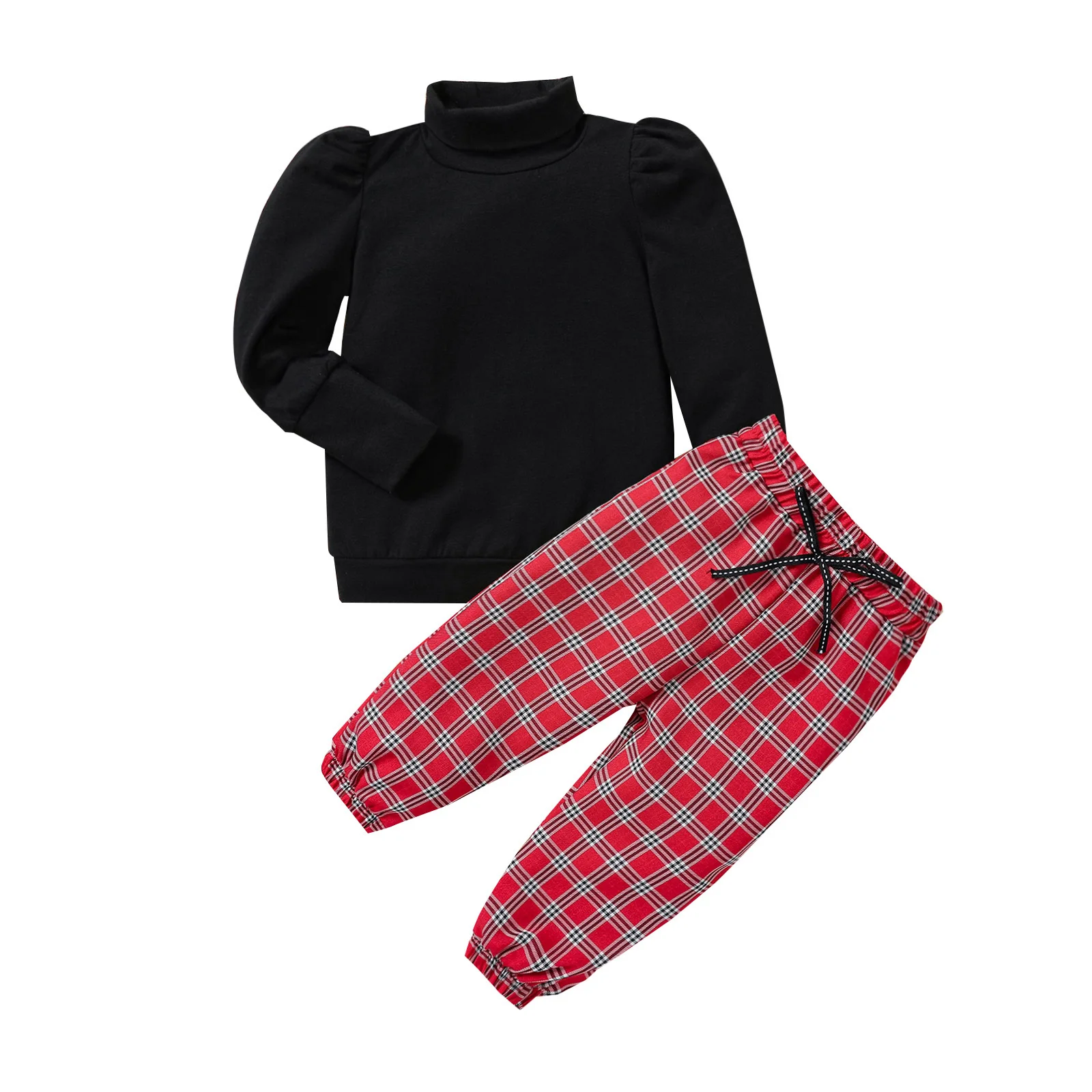 

2Pcs Children Autumn Tracksuit, Solid Color High Collar Long Sleeves Pullover + Plaid Pants for Girls, 1-5 Years