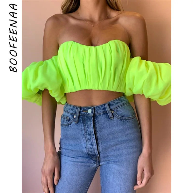 BOOFEENAA неоновый желтый с открытыми плечами пышными рукавами укороченный Топ Милая