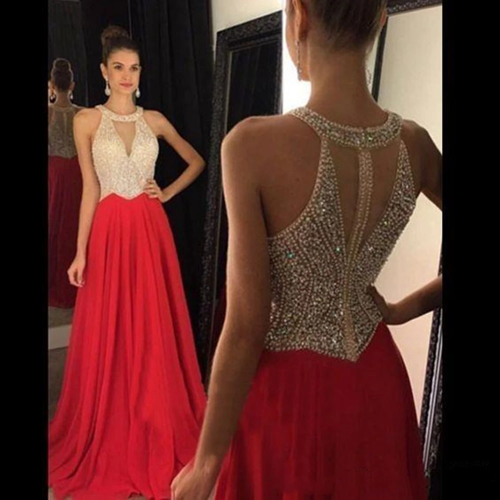 Женское длинное вечернее платье красное шифоновое ТРАПЕЦИЕВИДНОЕ ПЛАТЬЕ со