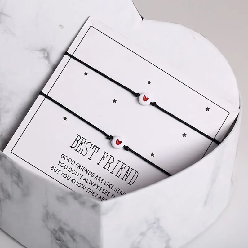 

2 Pcs/Set Heart Bead Rope Bracelet Couple Bangles Jewellery Gift for Women Girls